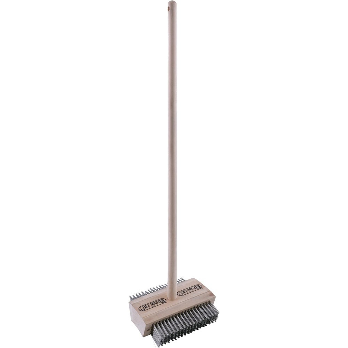 Chef Master 90043DH heavy duty grill brush with 4-foot wooden handle and double-sided stainless steel bristle head