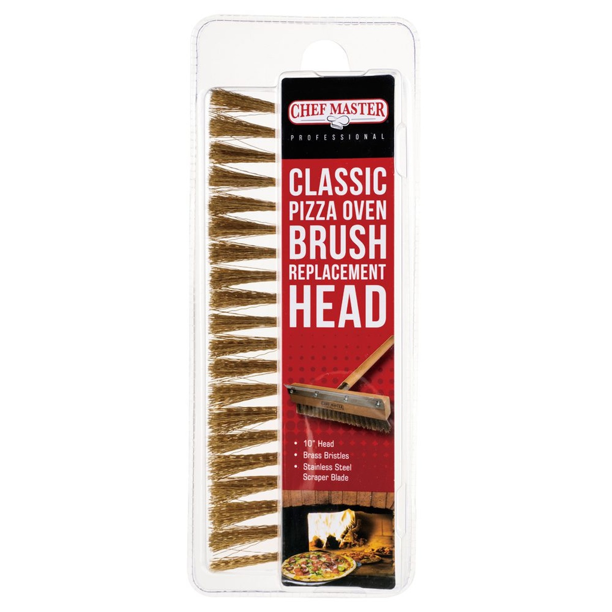 Chef Master 90046 Classic Pizza Oven Brush Replacement Head retail packaging showing product features