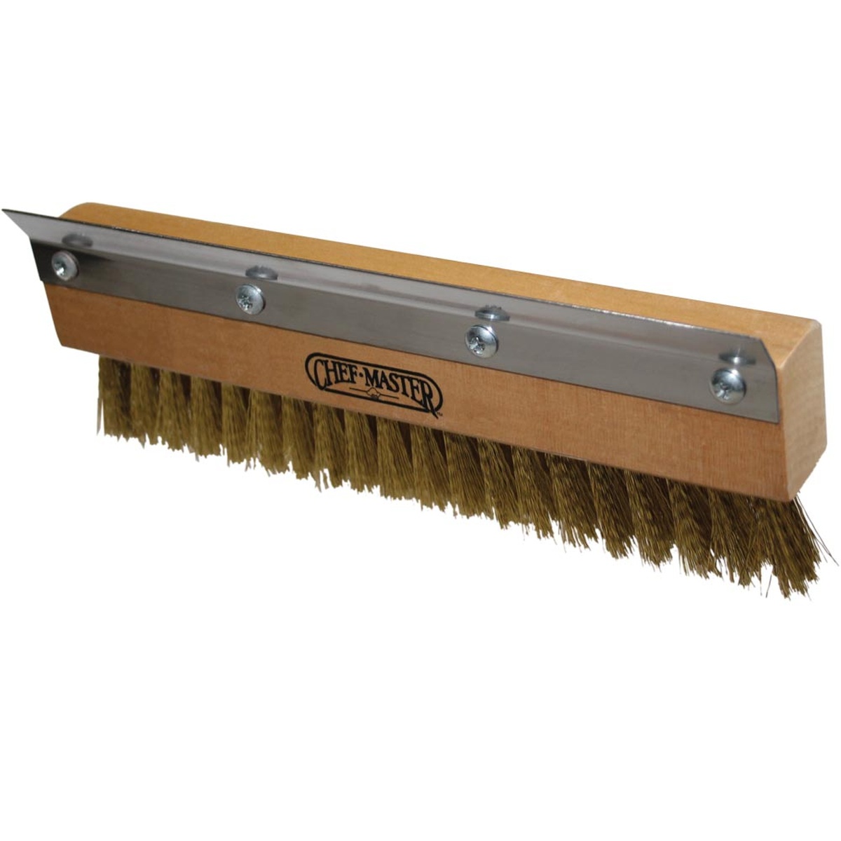 Chef Master 90046 pizza oven brush replacement head showing brass bristles and stainless steel scraper blade mounted on wooden block