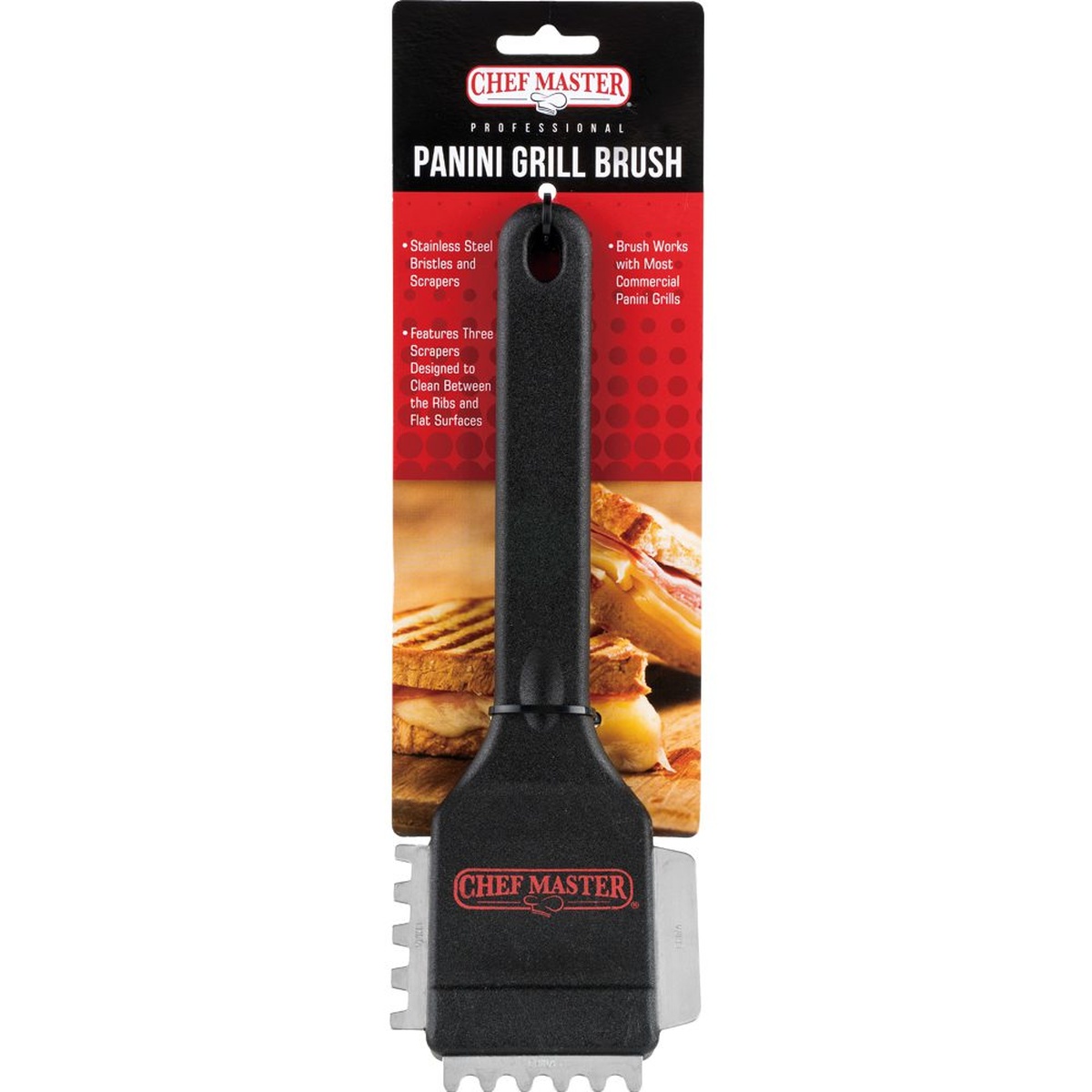 Chef Master 90052 Panini Grill Brush shown in retail packaging highlighting key features
