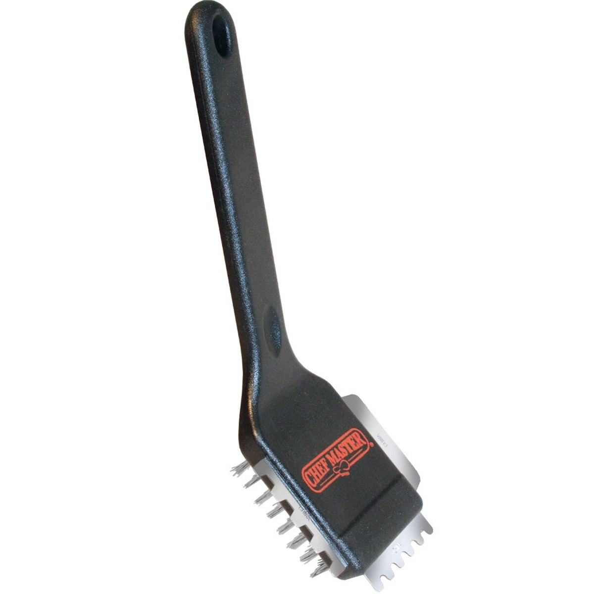 Chef Master 90052 Panini Grill Brush angled view showing stainless steel bristles, three scrapers, and black handle