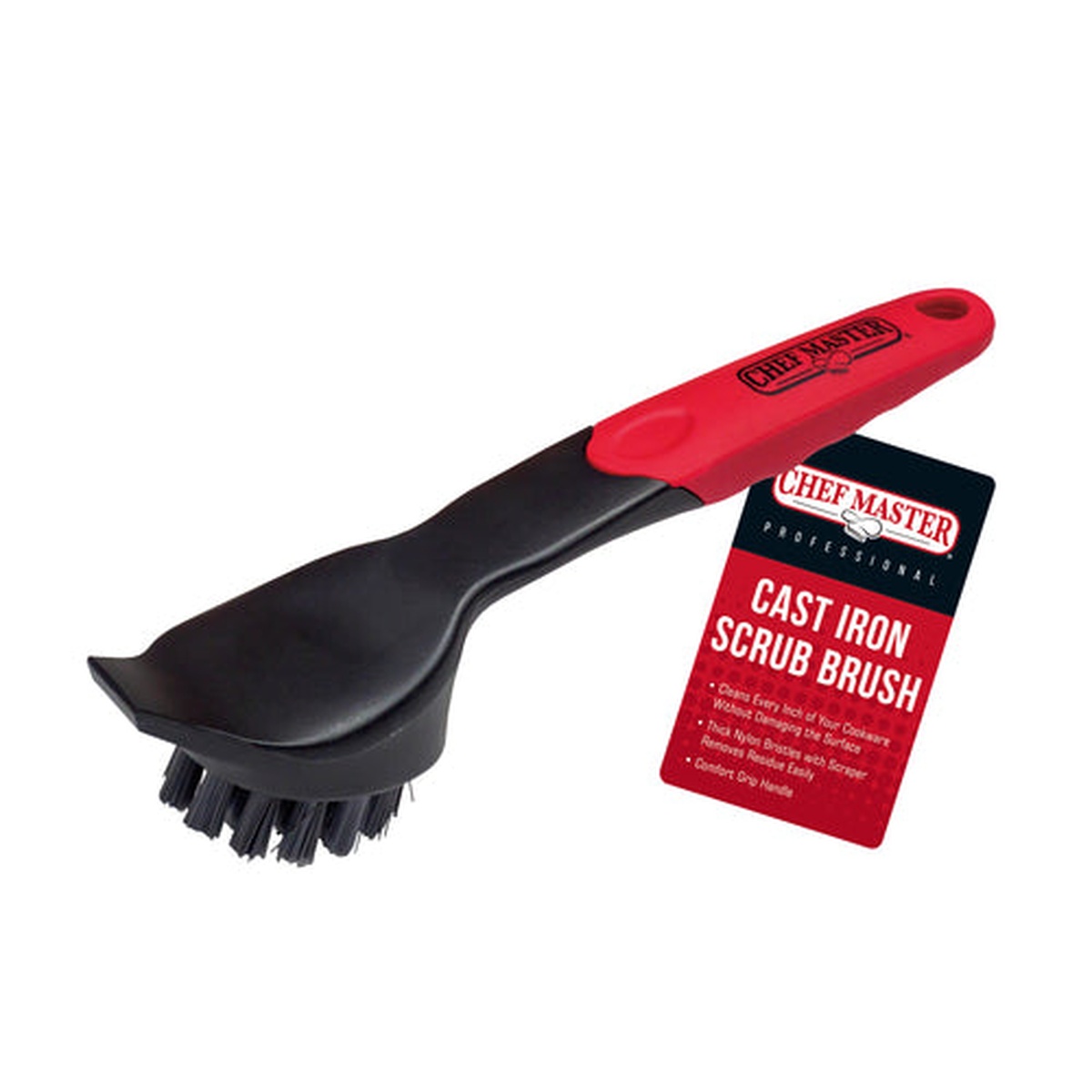 Chef Master 90058 Cast Iron Scrub Brush with red comfort grip handle, black nylon bristles, and integrated scraper