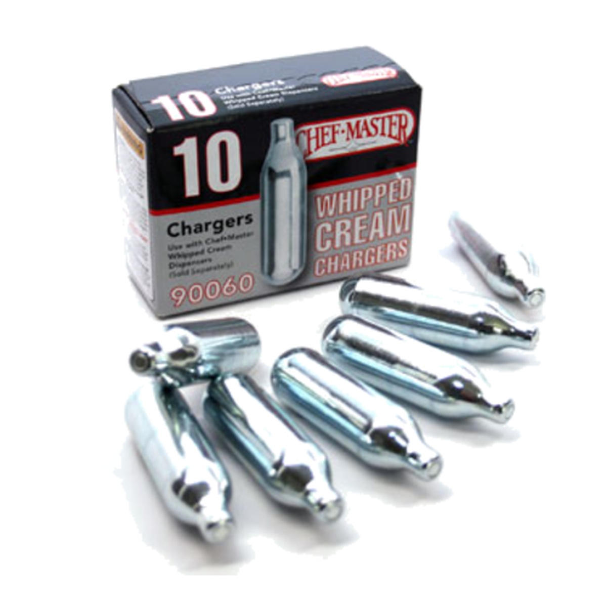 Chef Master 90060 box of 10 N2O whipped cream chargers with silver aluminum cartridges displayed in front