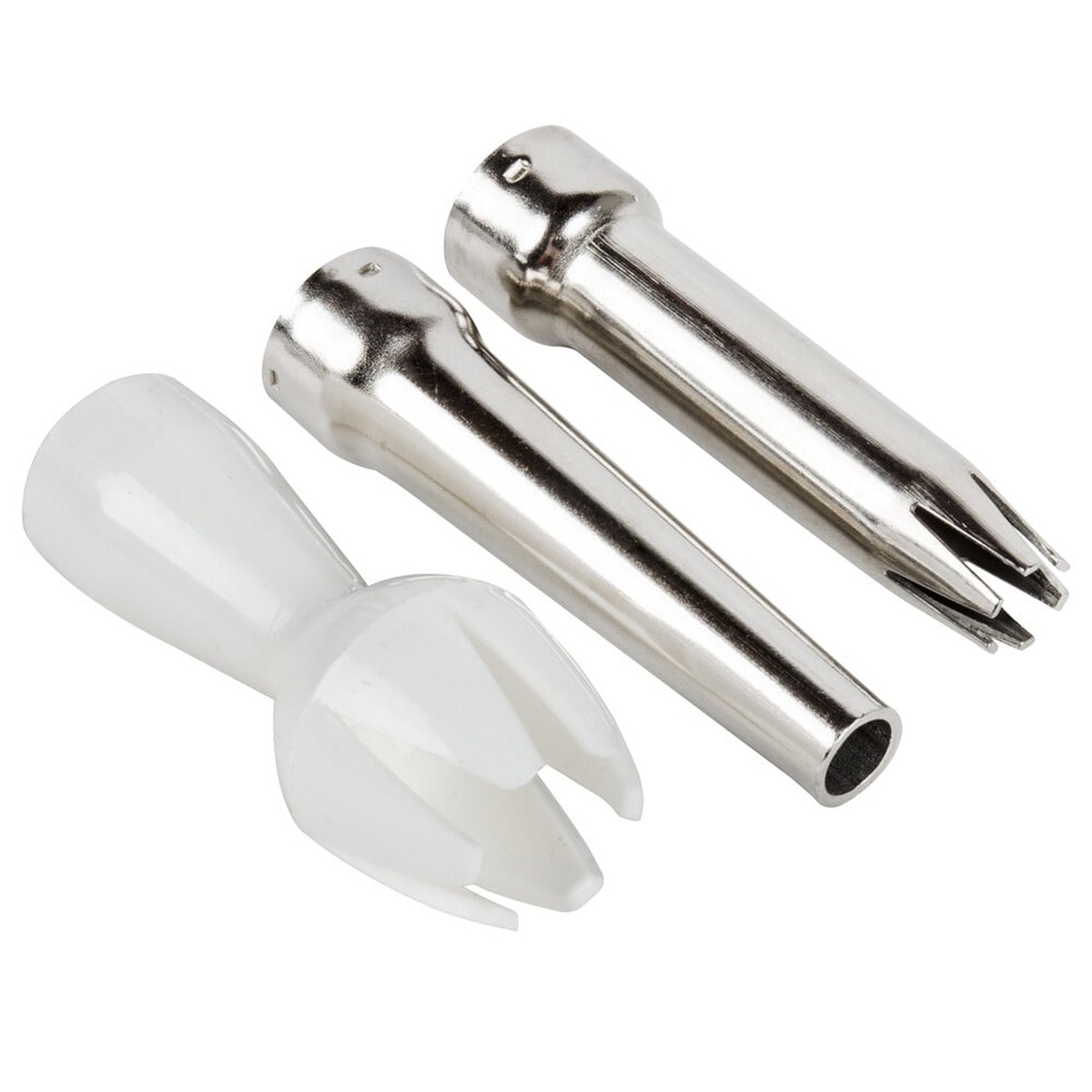 Three decorating tips included with the Chef Master whipped cream dispenser: one plastic tip and two stainless steel tips