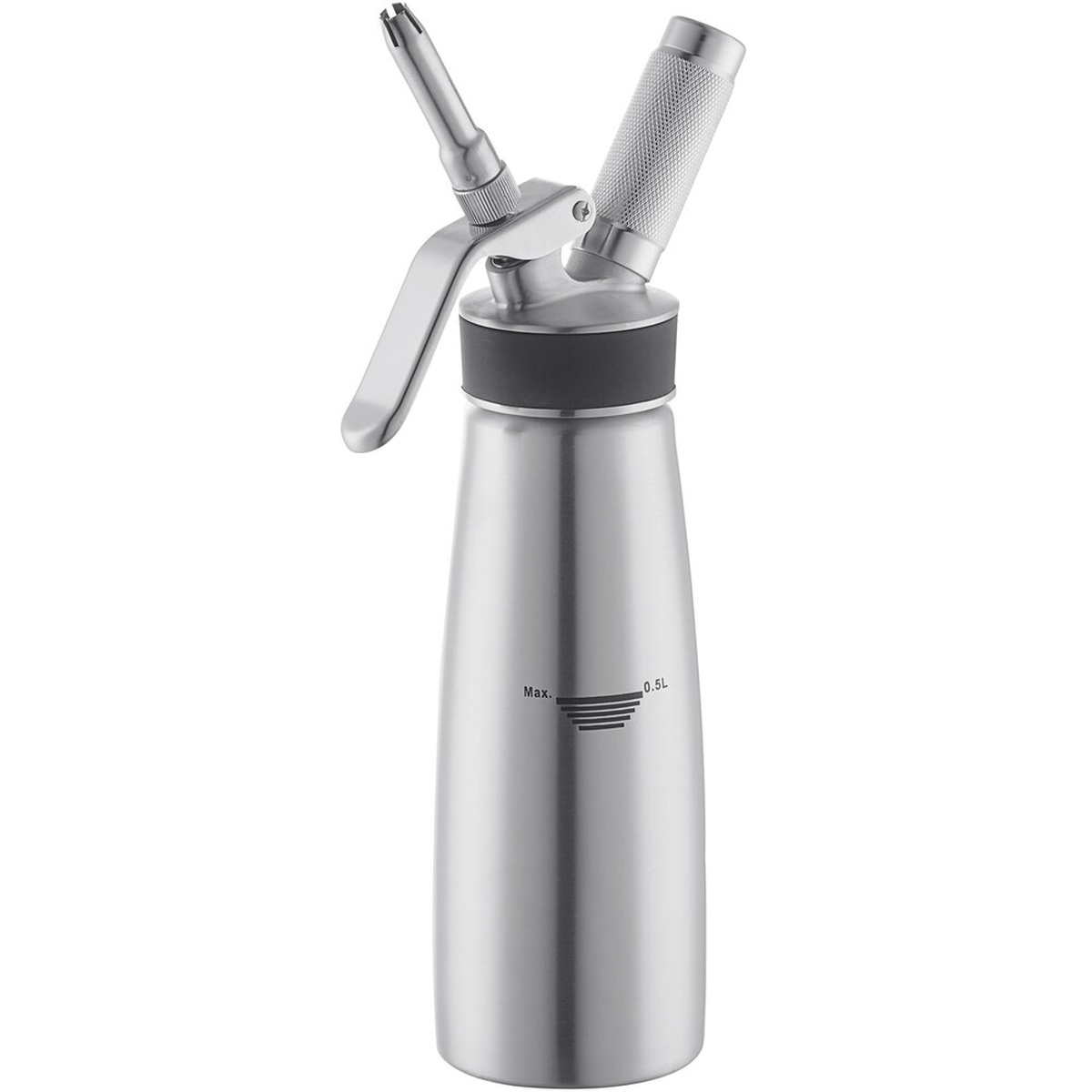 Chef Master 90078 stainless steel 0.5 liter whipped cream dispenser with tips attached, showing Max 0.5L fill line