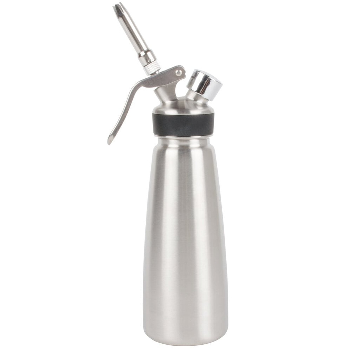 Chef Master 0.5 liter stainless steel whipped cream dispenser shown from a different angle with charger holder cap