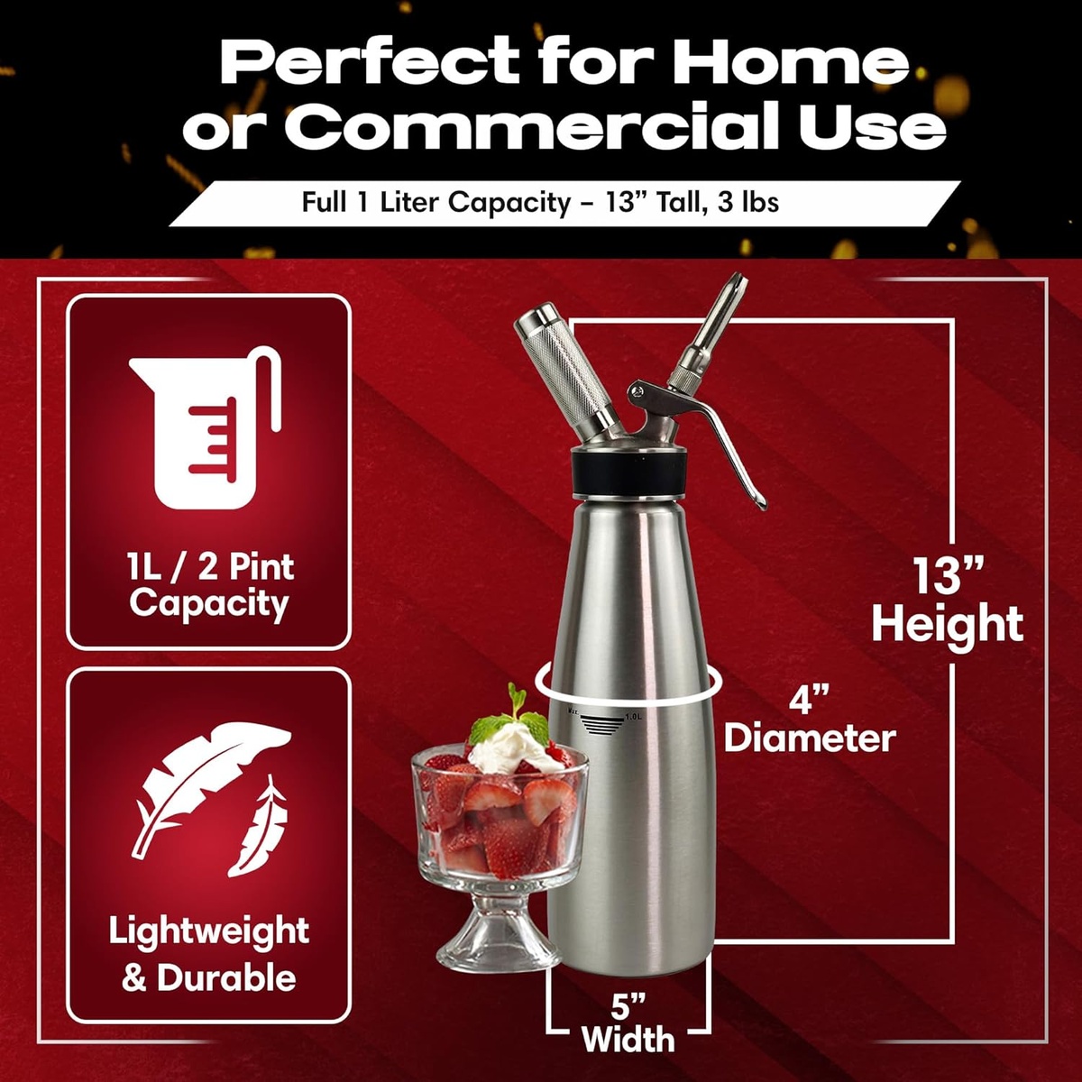 Dimensions infographic showing 13 inch height and 5 inch width
