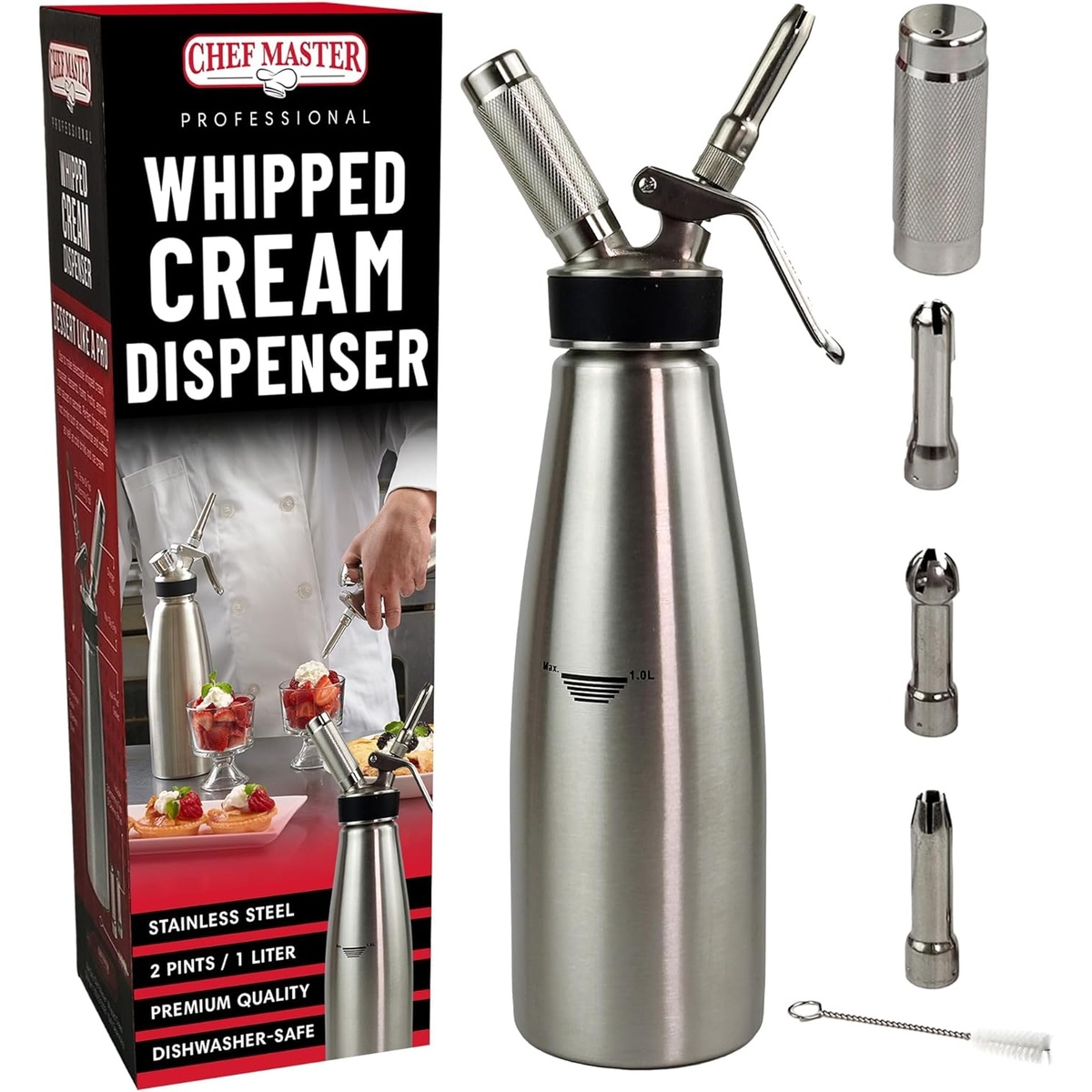 Chef Master 1 Liter Stainless Steel Whipped Cream Dispenser with accessories