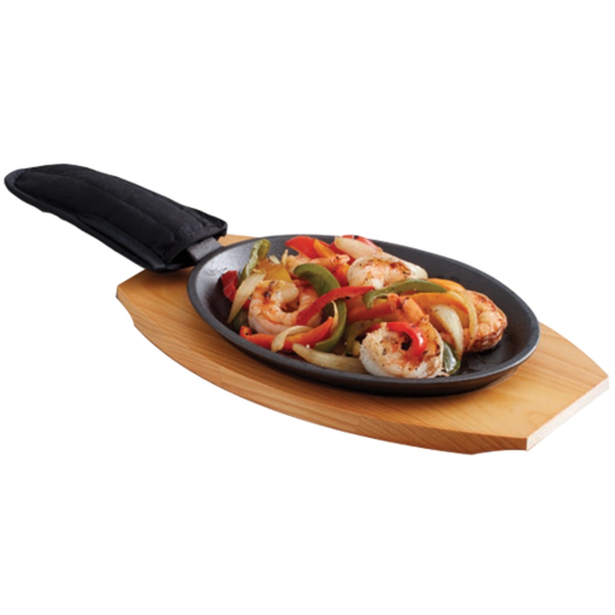 Chef Master 90200 oval cast iron fajita sizzler platter set with wooden base server and protective handle holder