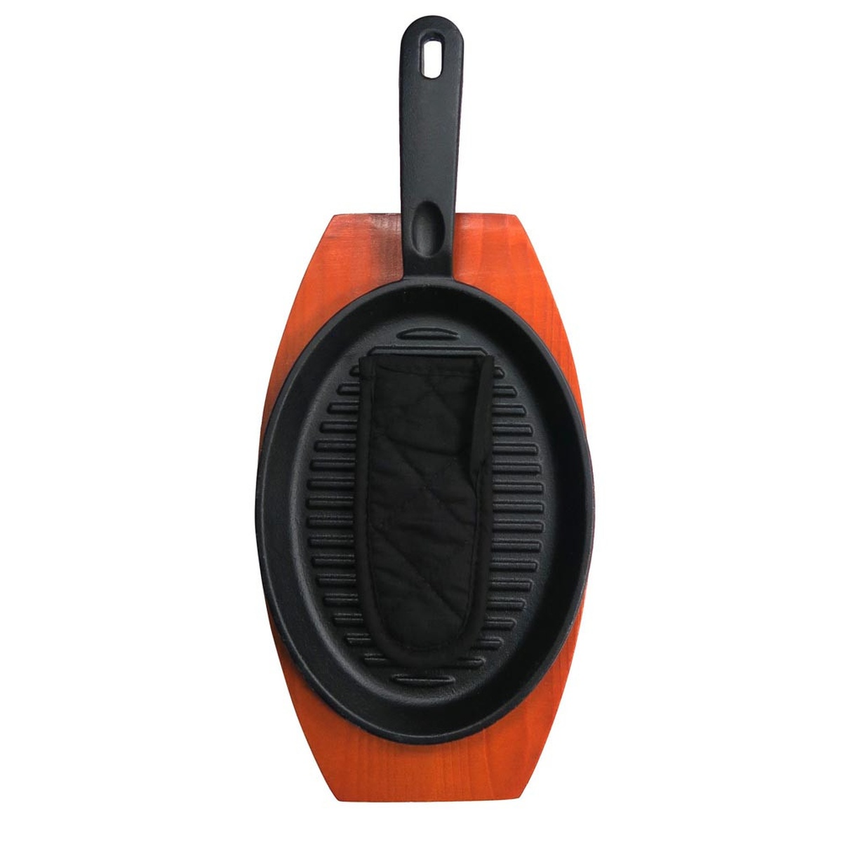 Chef Master 90201 cast iron ribbed fajita platter with wooden base server and black handle holder, product view