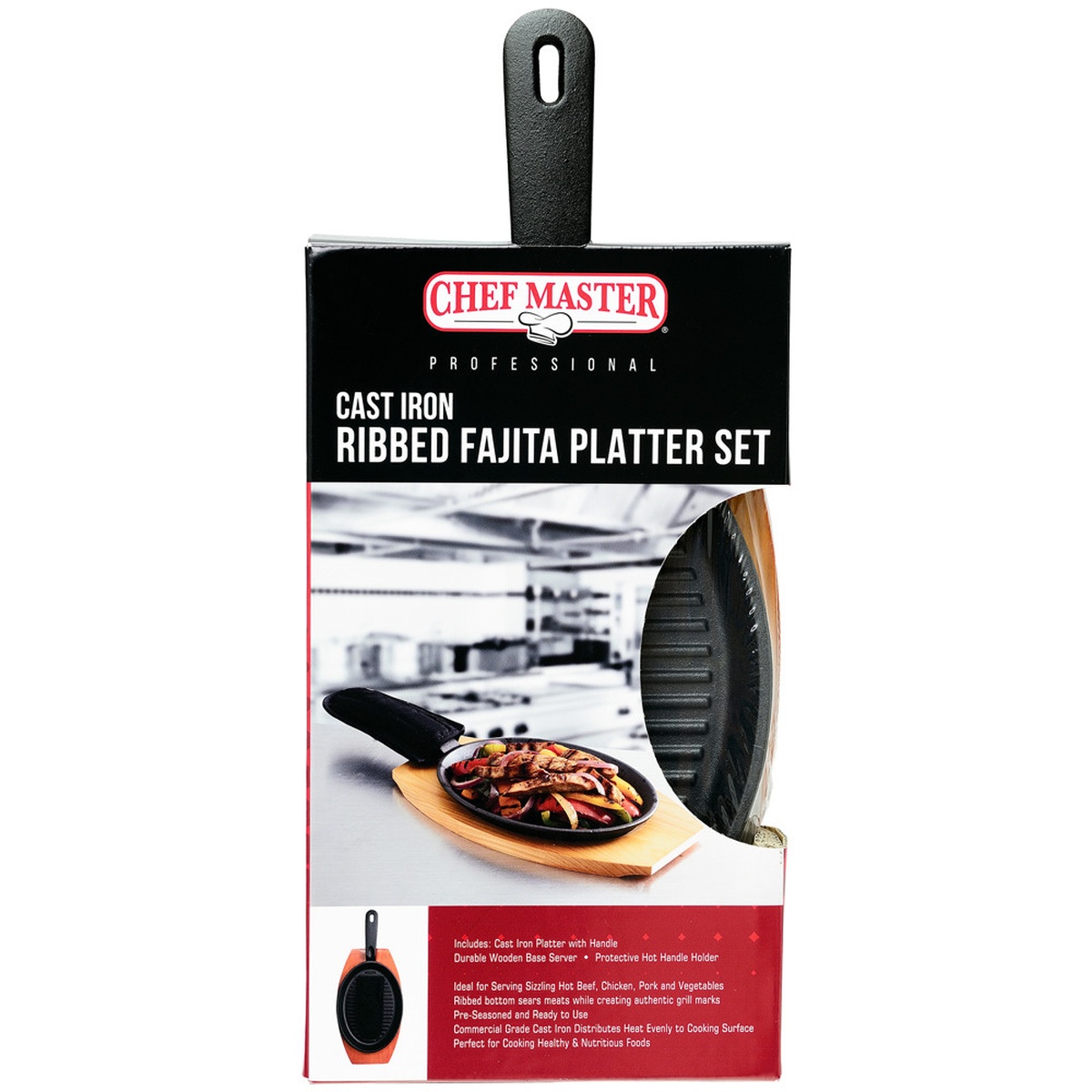 Chef Master 90201 Cast Iron Ribbed Fajita Platter Set in retail packaging showing product and feature callouts