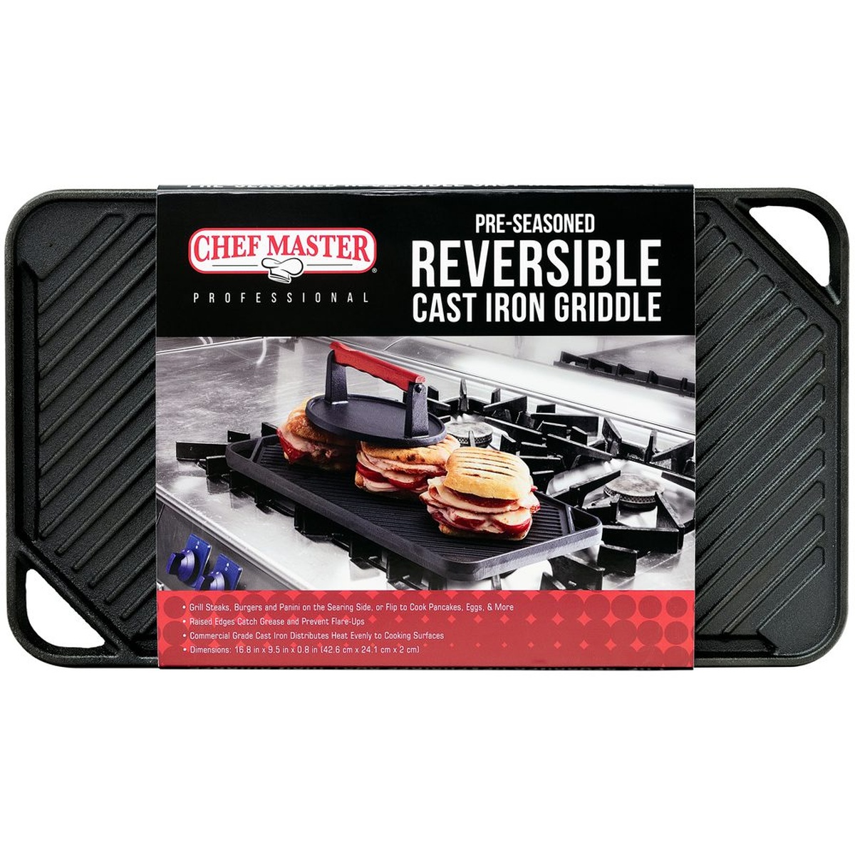 Chef Master 90202 Pre-Seasoned Reversible Cast Iron Griddle with product packaging