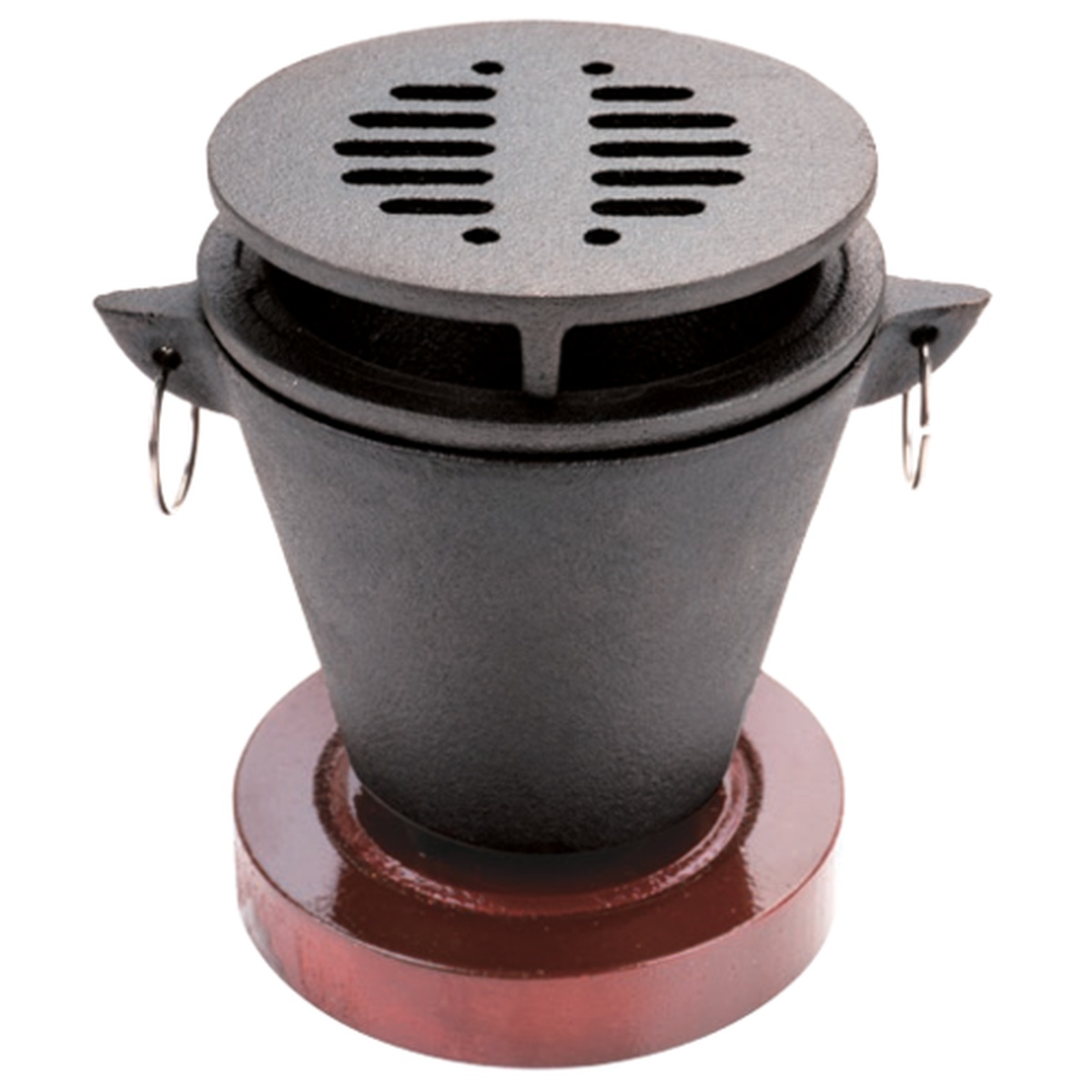 Chef Master 90206 mini hibachi grill with cast iron body, slotted round grill top, side handles, and dark red wooden base