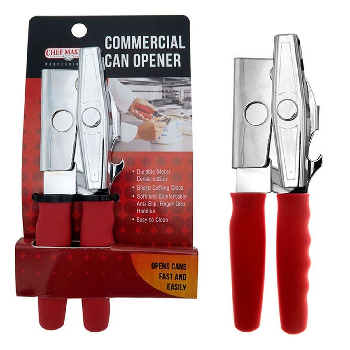 Chef Master 90226 Commercial Can Opener with red grip handles, shown in retail packaging and standalone