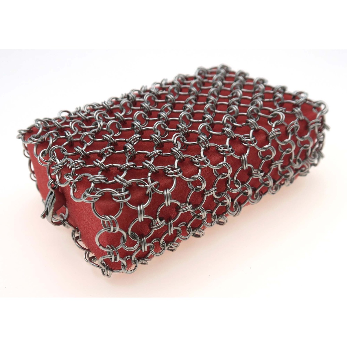 Chef Master 90236 chainmail pot scrubber with red sponge and stainless steel interlocking rings