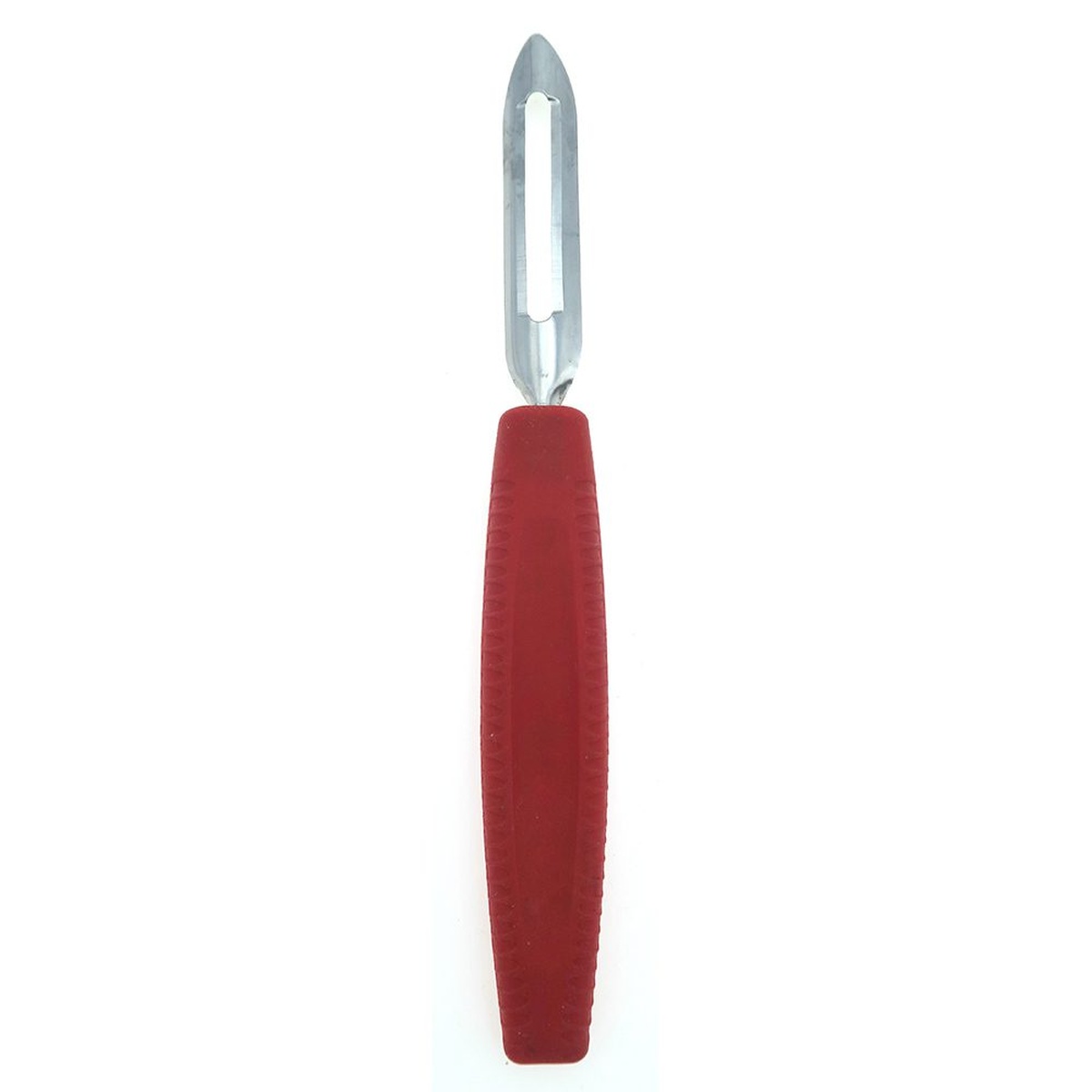Chef Master 90237 straight peeler with red non-slip handle and stainless steel swivel blade