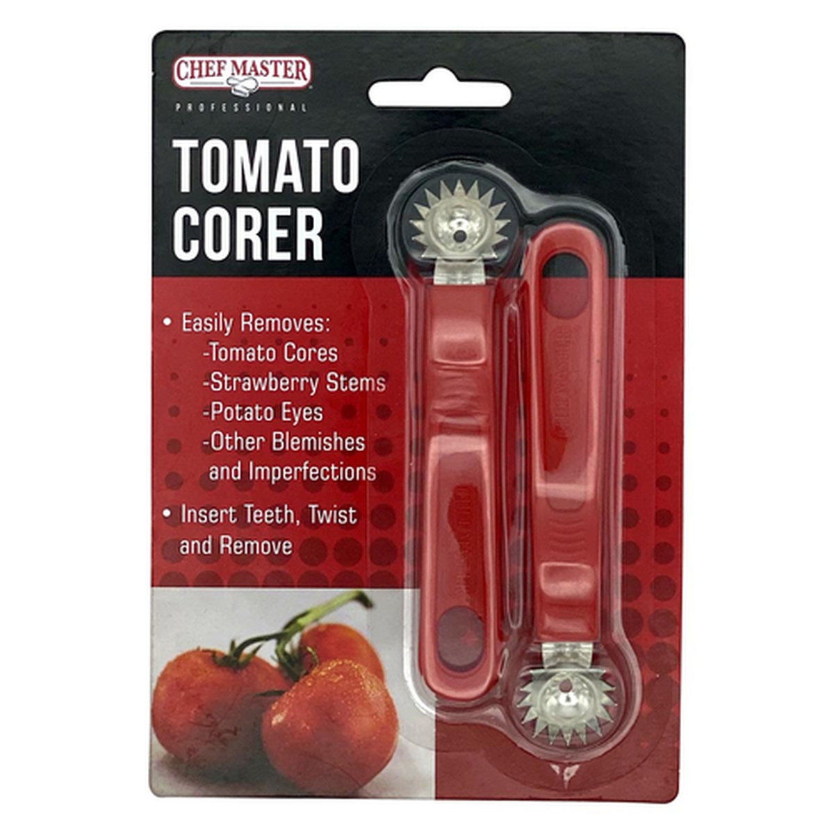 Chef Master Tomato Corer packaging showing two red handled corers