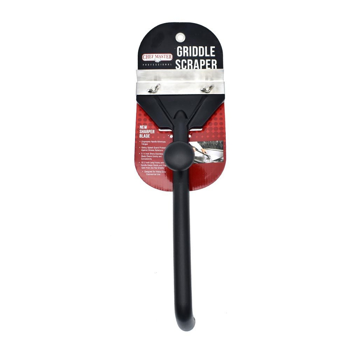 Chef Master 90254 Griddle Scraper with stainless steel blade and ergonomic black handle shown in retail packaging