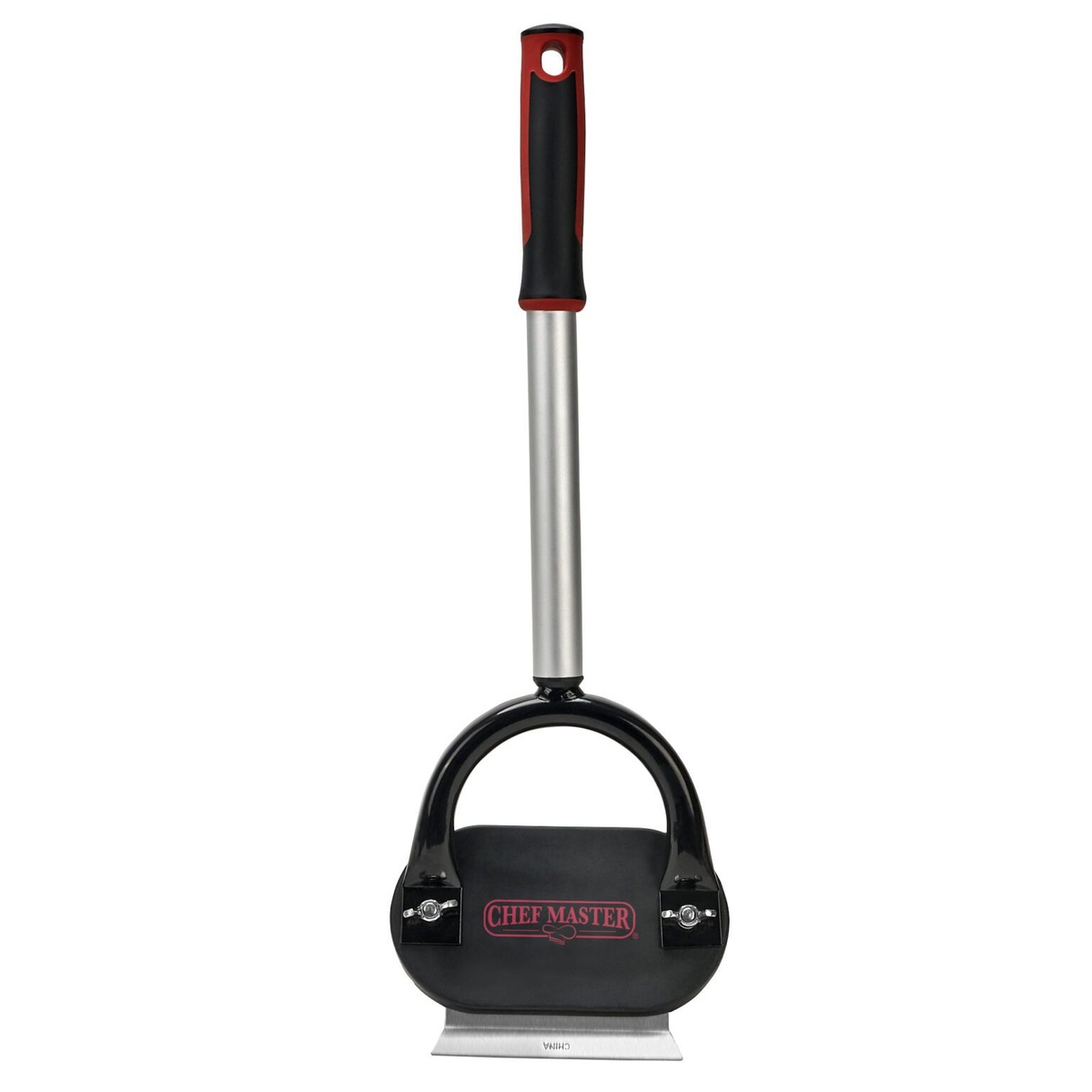 Chef Master 90257 Horseshoe Broiler Brush front view highlighting stainless steel scraper blade and Chef Master branding on brush head