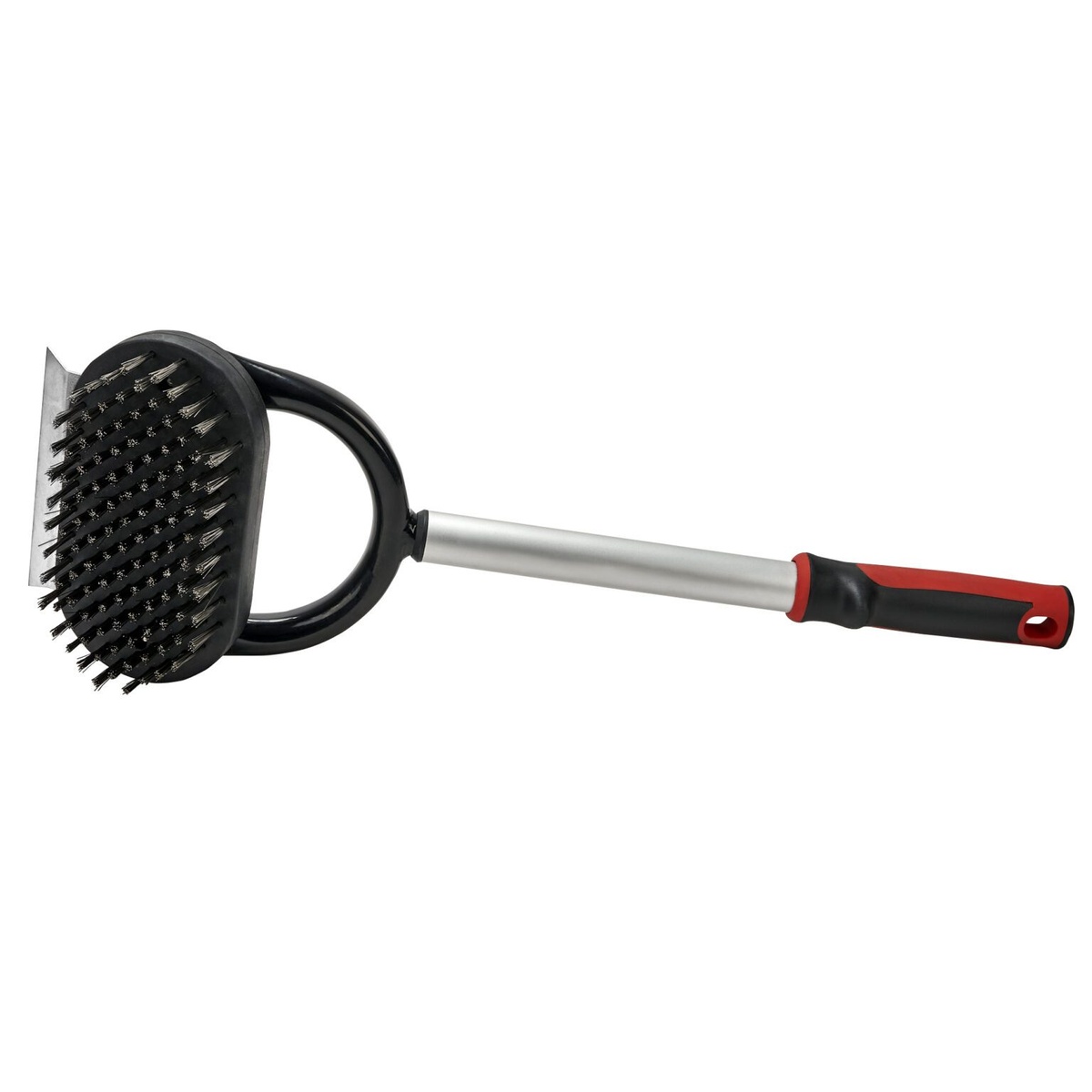 Chef Master 90257 Horseshoe Broiler Brush showing dense stainless steel bristle head and scraper edge
