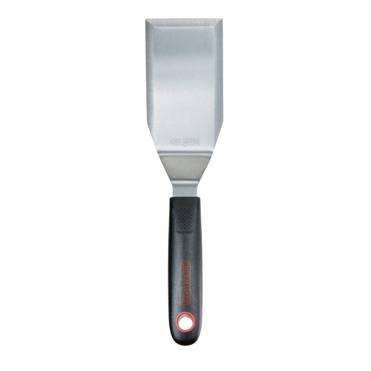 Chef Master 90283 hamburger turner with black dual-textured nylon handle and stainless steel blade, front-facing view