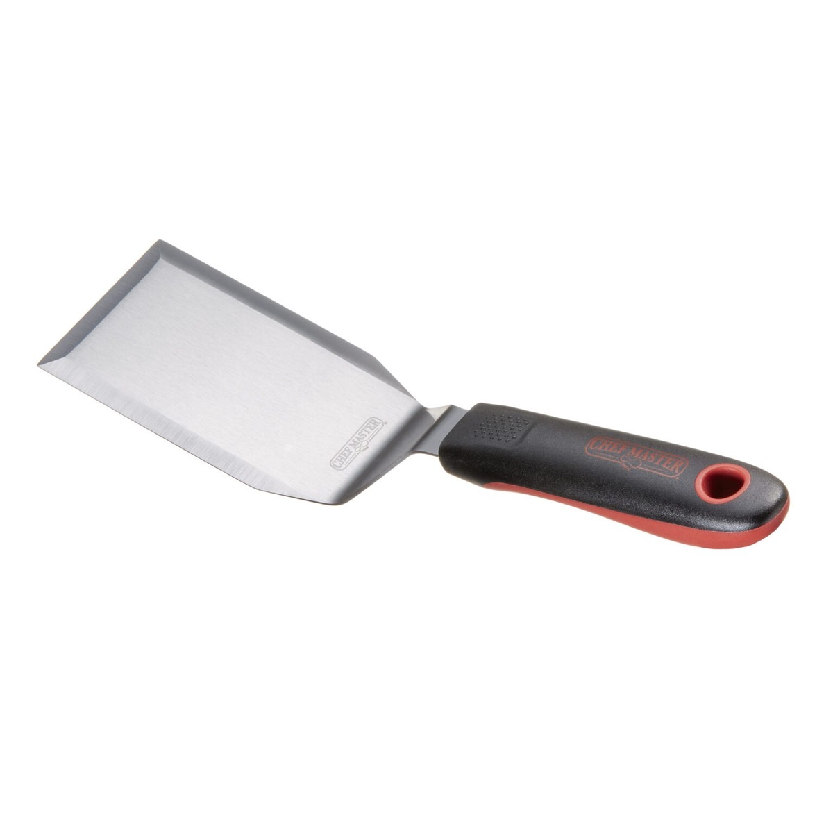 Chef Master 90283 hamburger turner angled view showing stainless steel blade and dual-color nylon handle with hang hole