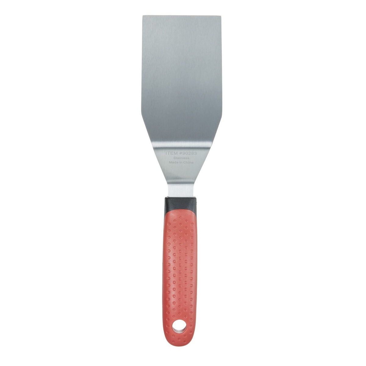 Chef Master 90283 hamburger turner with red textured nylon handle and brushed stainless steel blade, straight-on view