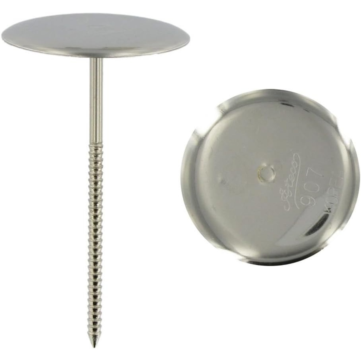 Ateco 907 stainless steel flower nail showing side profile with grooved stem and bottom view of flat circular head