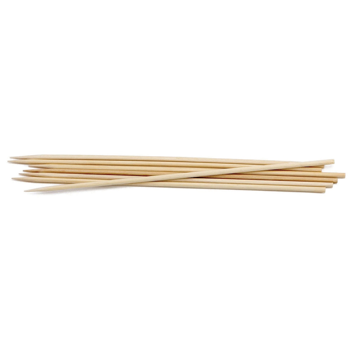 Bundle of TableCraft 908 natural bamboo skewers showing pointed tips and uniform 8-inch length