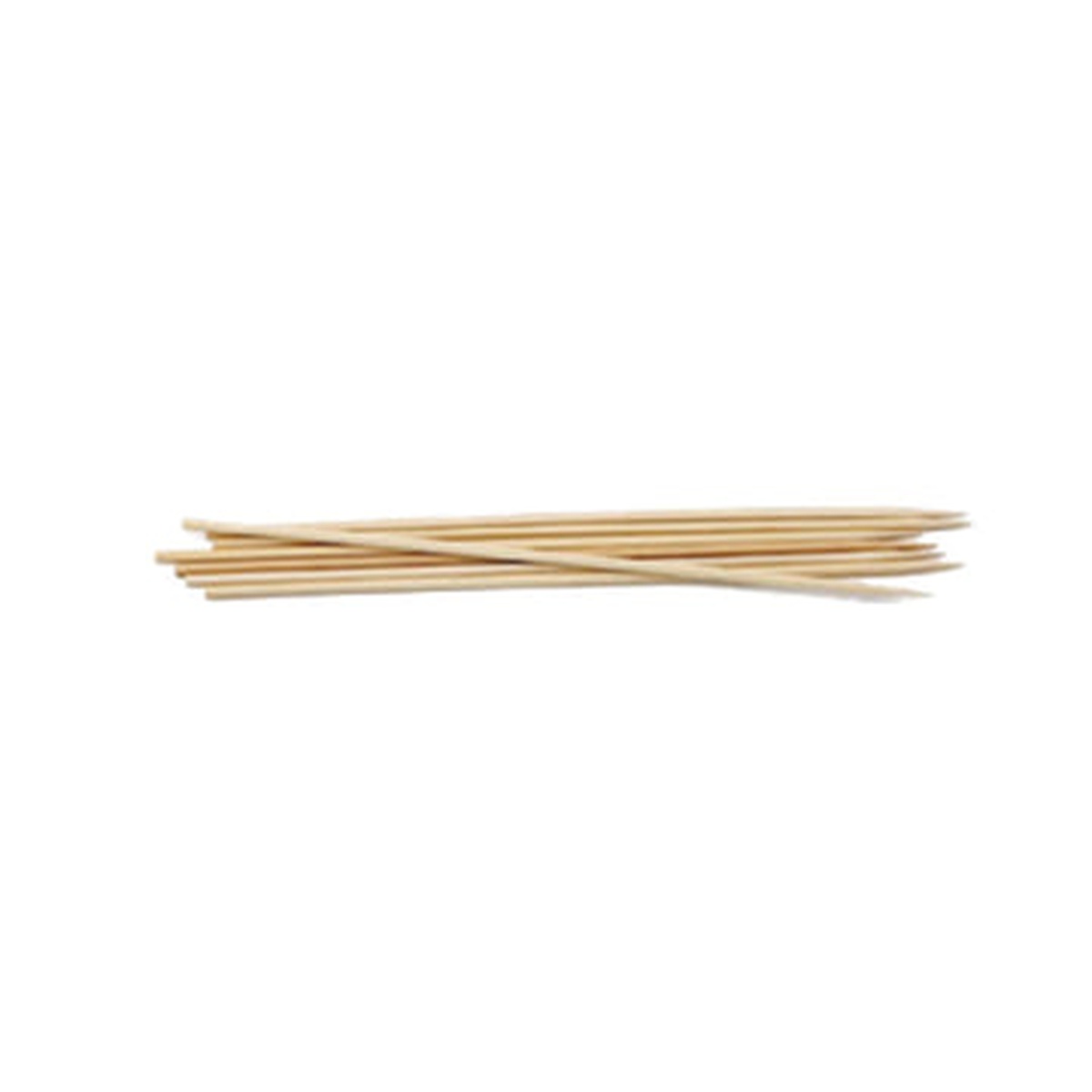 Close view of TableCraft 908 bamboo skewers fanned and stacked, highlighting smooth texture and tapered ends