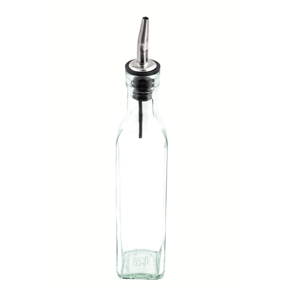 TableCraft Prima Collection 8.5 oz green-tinted square glass oil and vinegar bottle with stainless steel pourer
