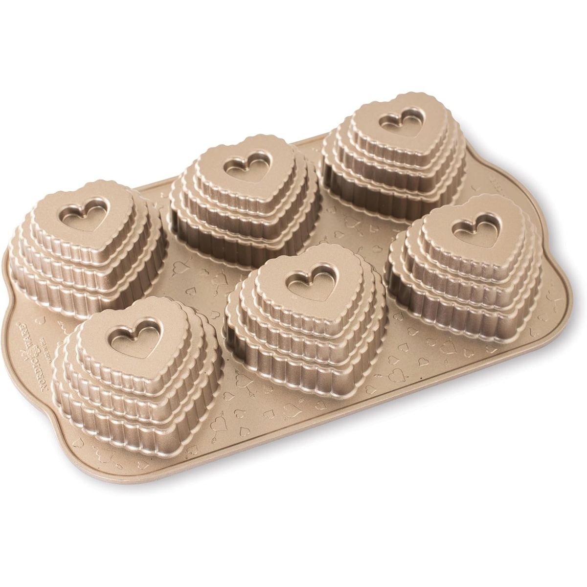 Nordic Ware Tiered Heart Cakelet Pan in toffee finish showing 6 tiered heart-shaped cavities