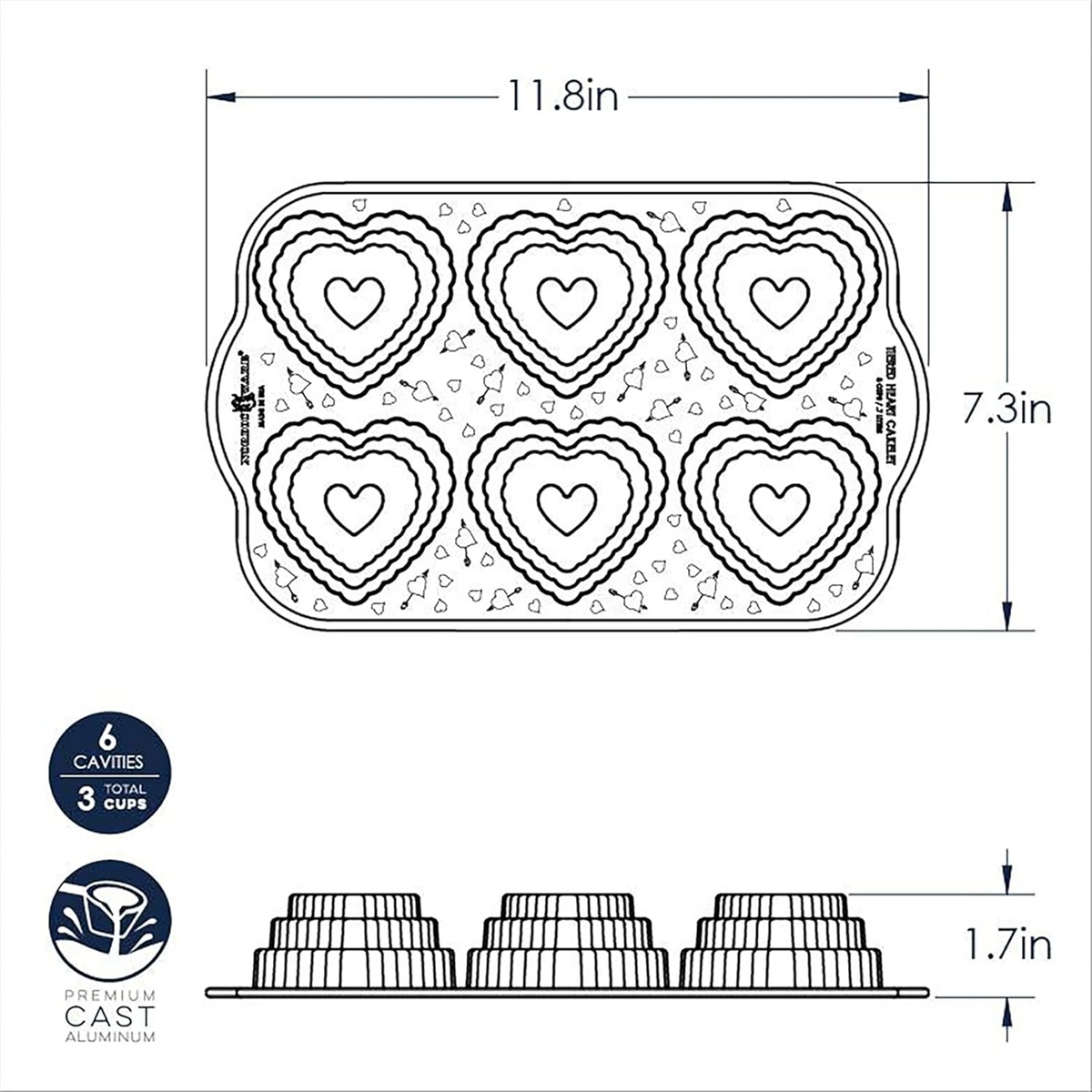 Dimension diagram of Nordic Ware Tiered Heart Cakelet Pan showing 11.8 inch width, 7.3 inch depth, and 1.7 inch height with 6 cavities and 3-cup capacity callouts