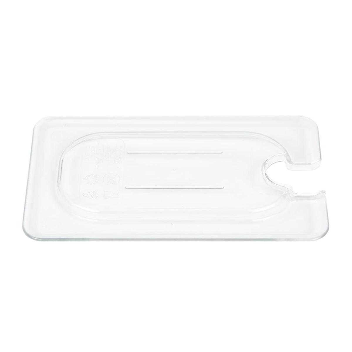 Cambro 90CWCN135 clear 1/9 size flat notched food pan cover, top view showing full rectangular profile and notch at short end