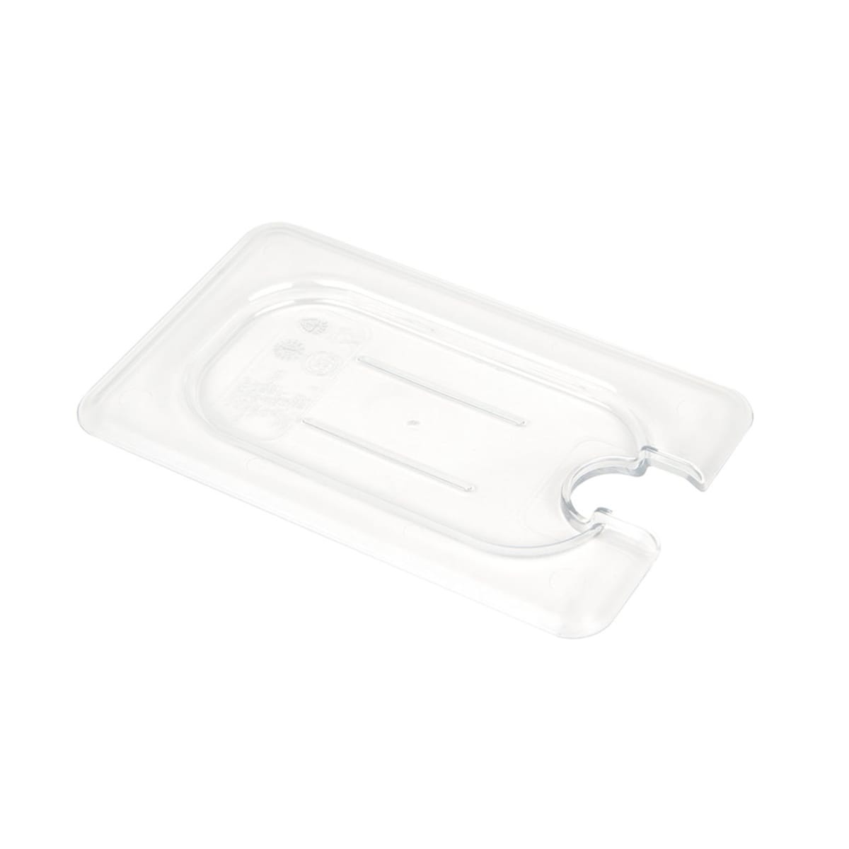 Cambro 90CWCN135 clear polycarbonate 1/9 size notched flat food pan cover, angled view showing molded handle and utensil notch
