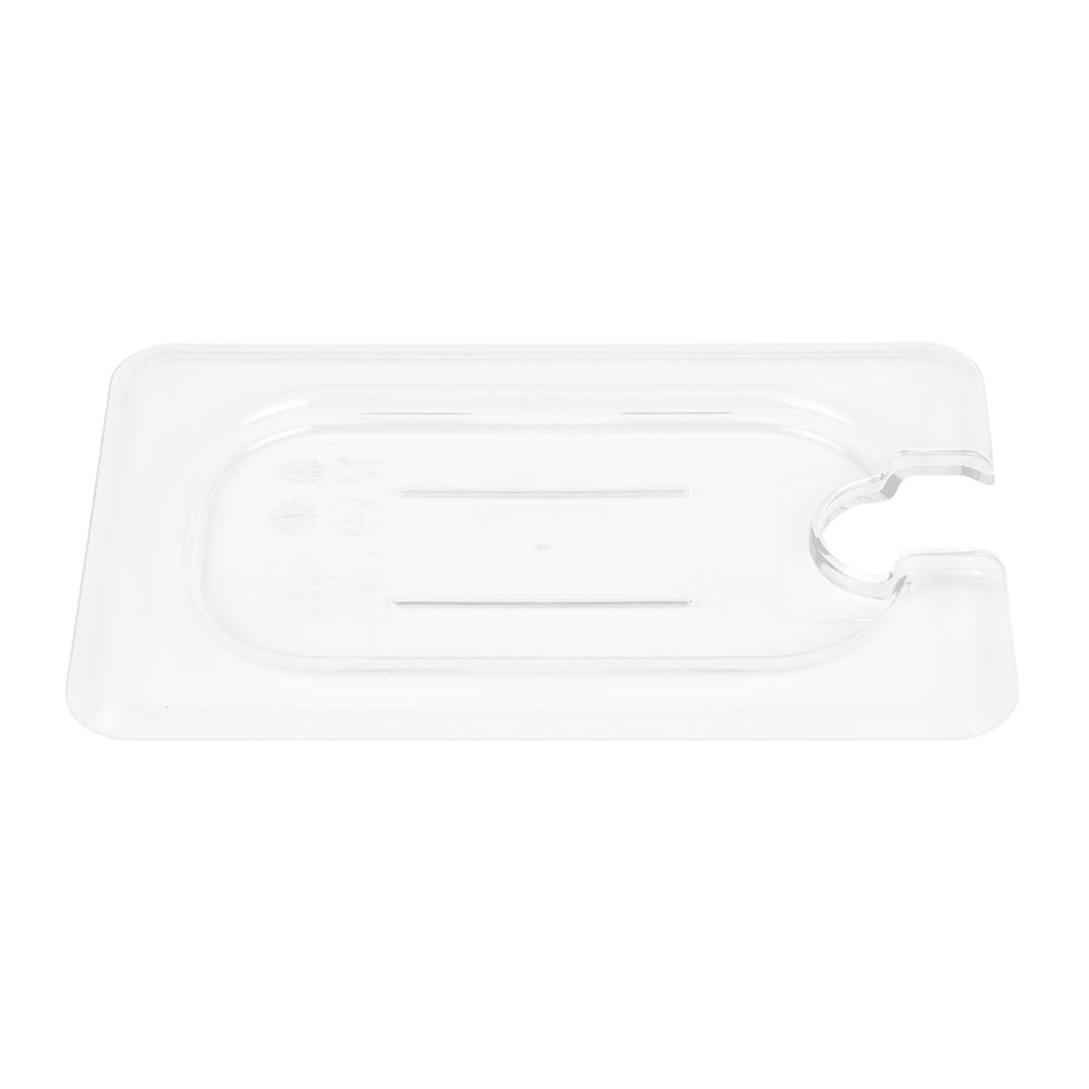 Cambro 90CWCN135 clear notched food pan cover viewed from above, displaying flat profile and built-in utensil notch