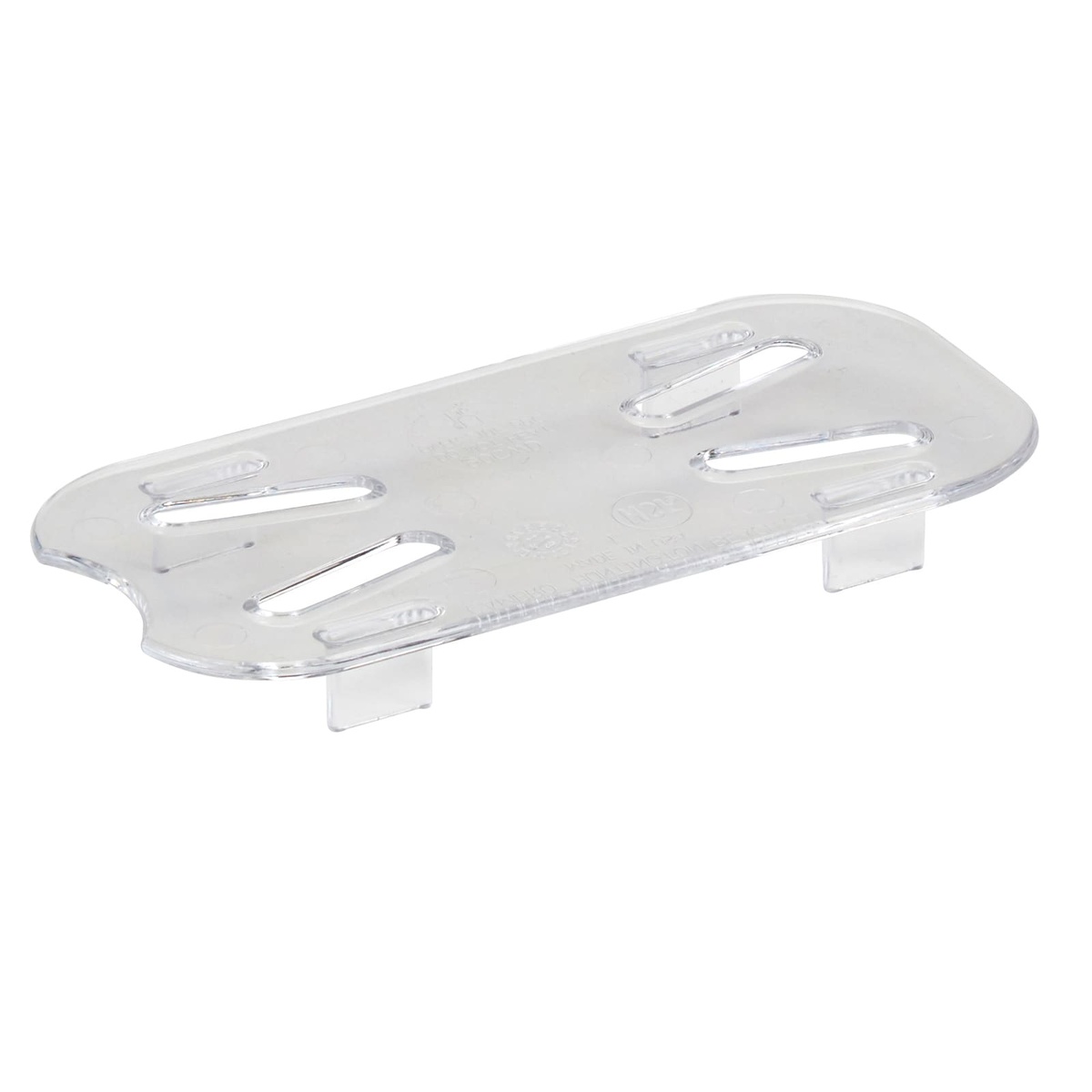 Cambro 90CWD135 clear polycarbonate 1/9 size drain shelf with oval drain slots and raised feet, product on white background