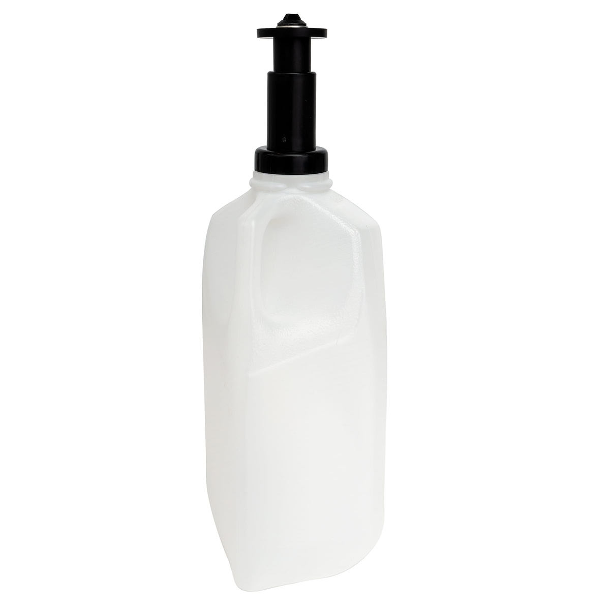 Tablecraft 90P pepper refiller viewed from the side showing the clear HDPE bottle body and black pump cap