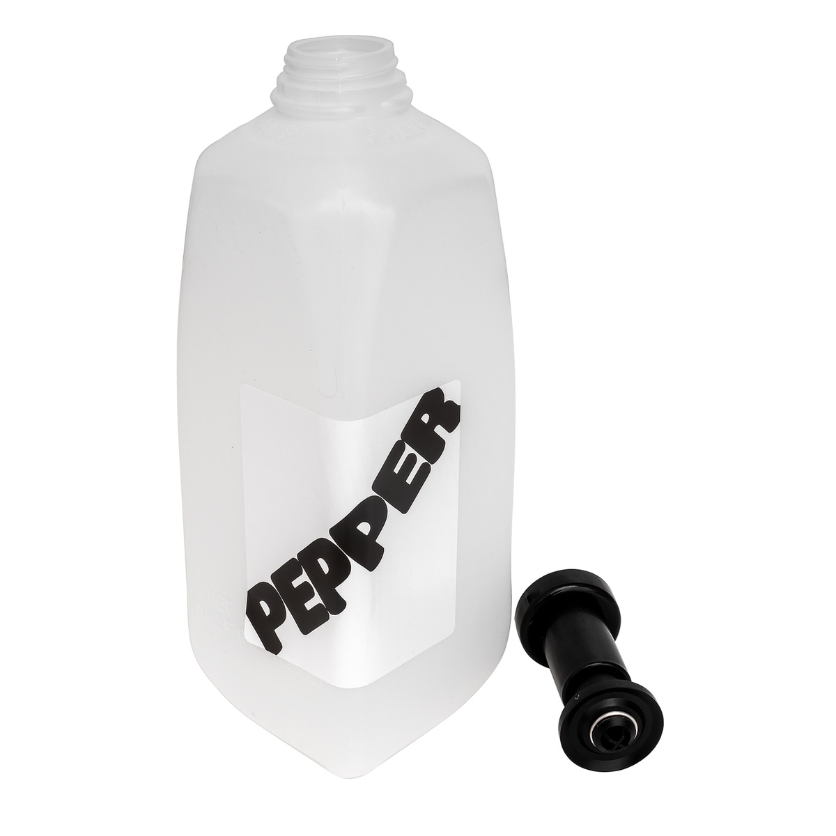 Tablecraft 90P pepper refiller bottle and black dispenser nozzle shown separately, demonstrating removable cap design