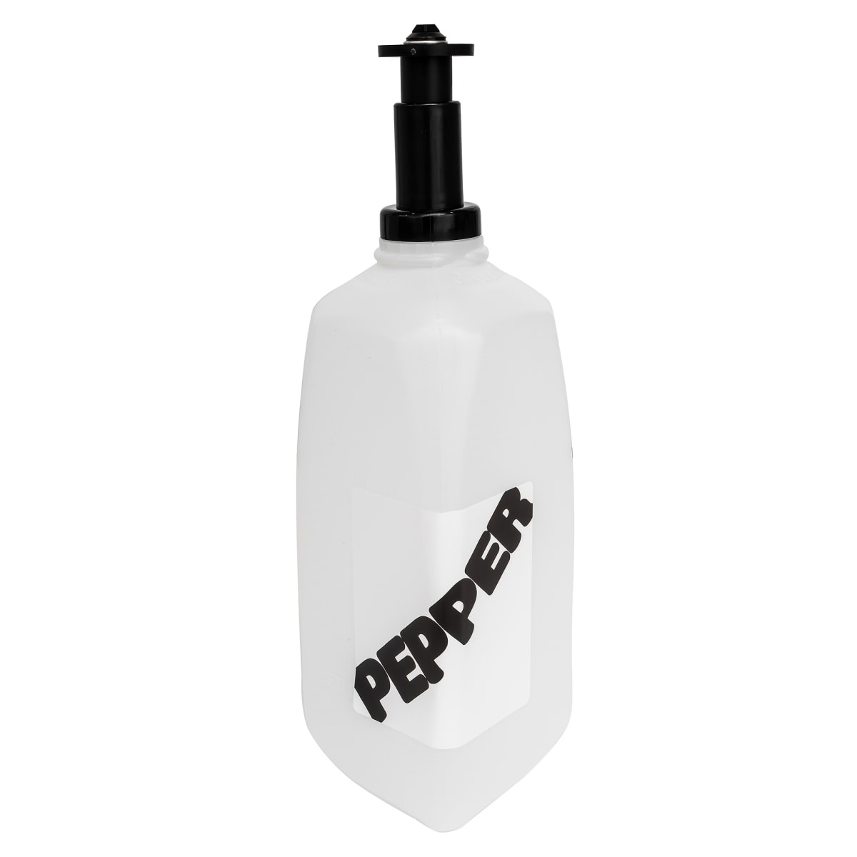 Tablecraft 90P clear plastic pepper refiller bottle with black dispenser nozzle and PEPPER label