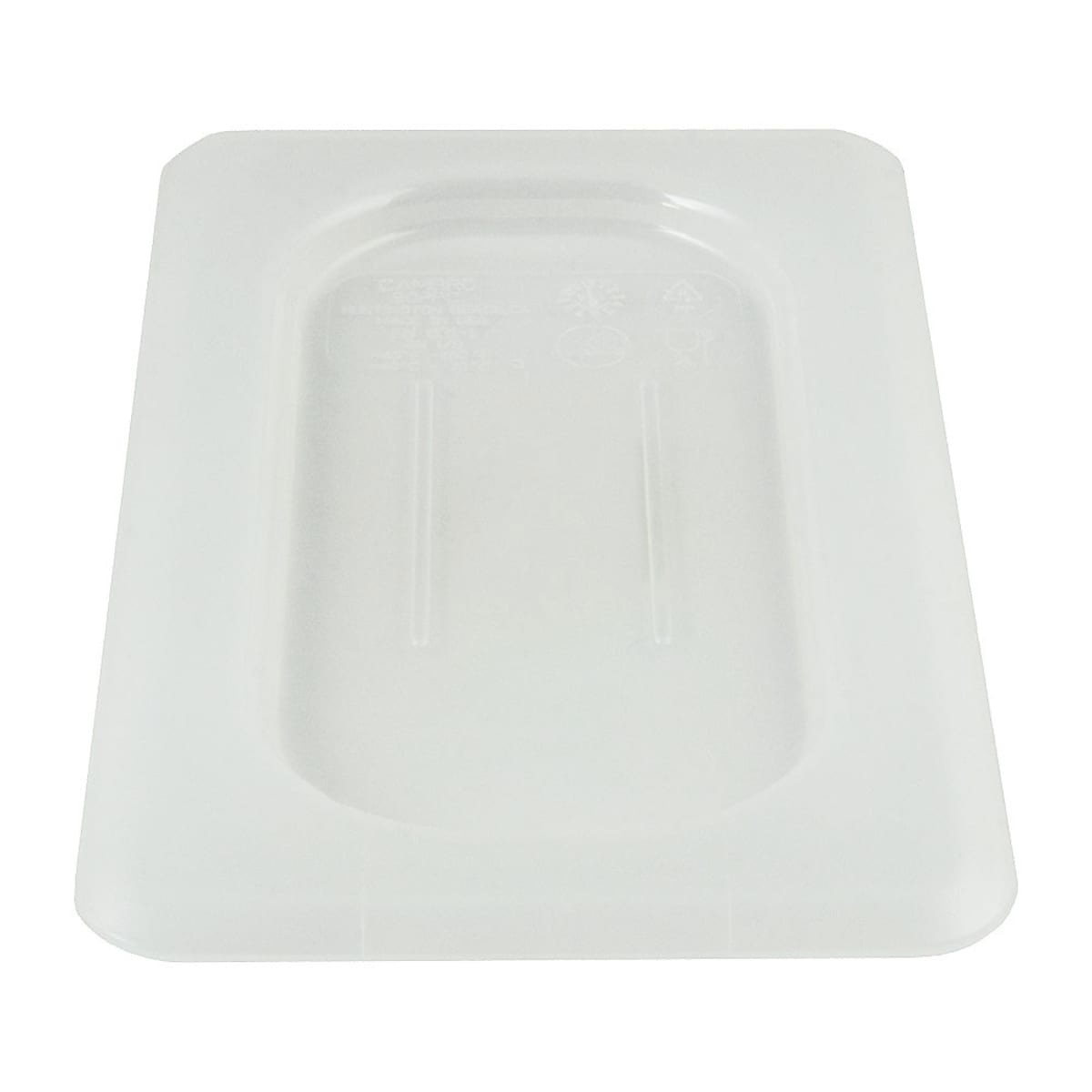 Cambro 90PPC190 translucent flat polypropylene 1/9 size food pan cover, top-down view on white background
