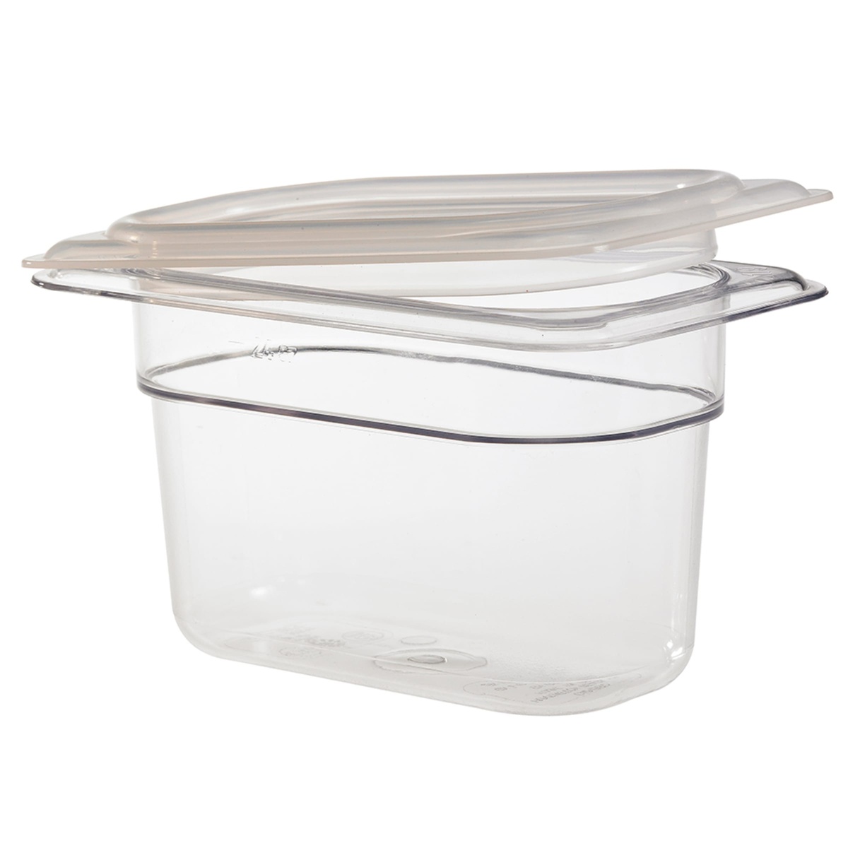 Cambro ninth-size translucent polypropylene seal cover resting on a clear food pan, shown from an angled front view on white background