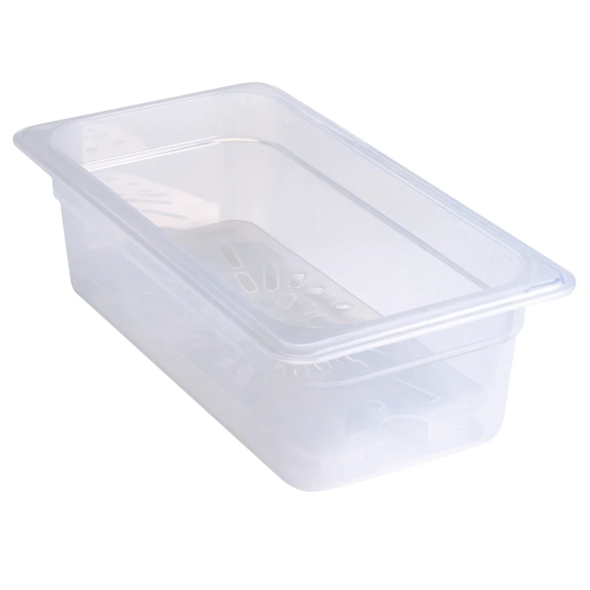 Cambro translucent drain shelf positioned inside a ninth-size polypropylene food pan