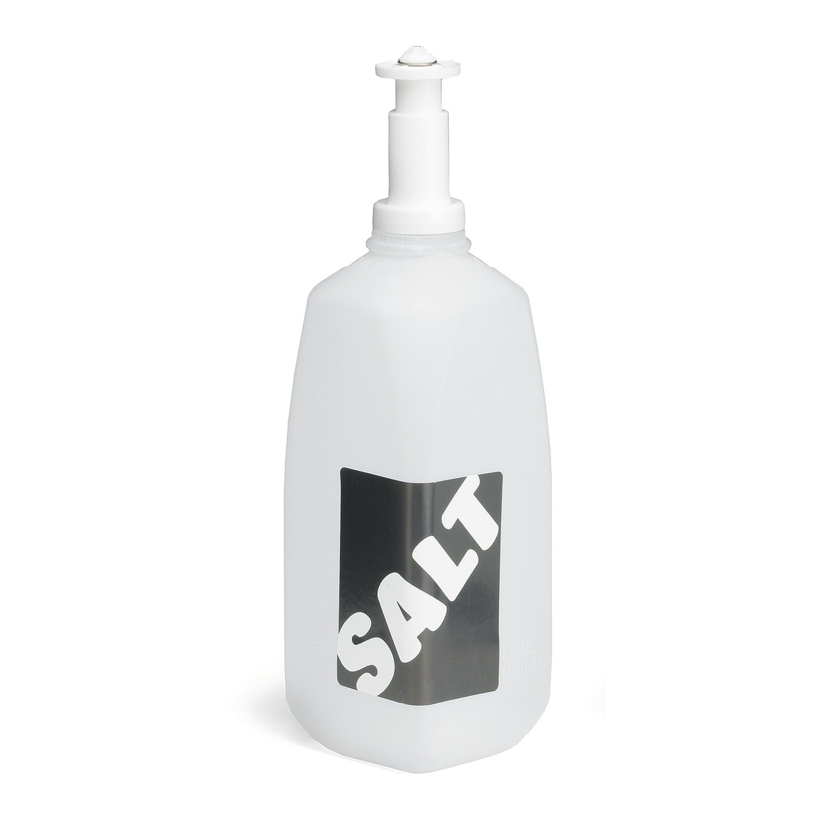 Tablecraft 90S semi-clear plastic salt refiller bottle with pump-style spout and bold SALT label on white background