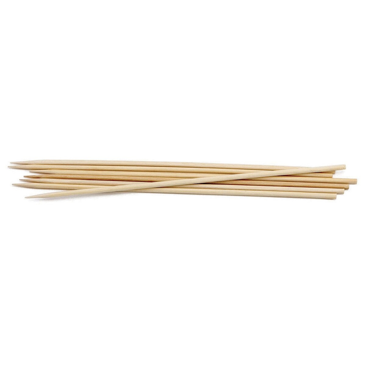 A bundle of plain 10-inch bamboo skewers on a white background