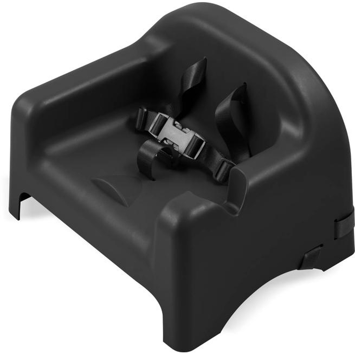 Carlisle 911403 black polypropylene booster seat with ASTM certified safety straps, angled front view