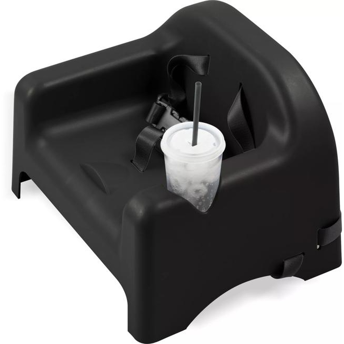 Carlisle 911403 black booster seat showing integrated cup holder with a cup and straw placed inside