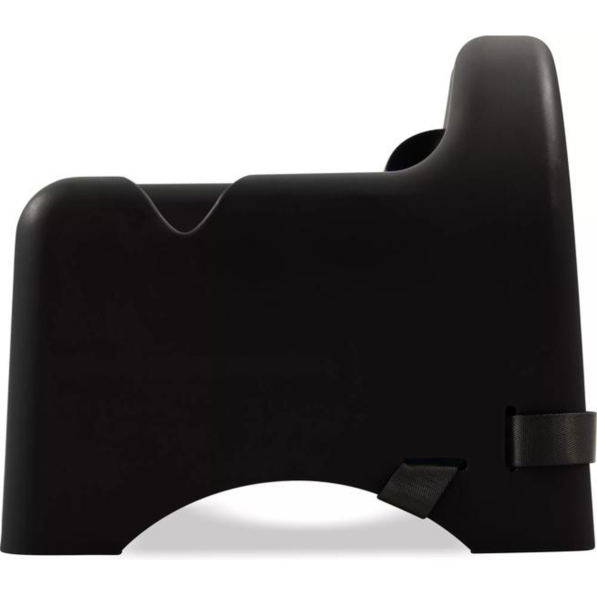 Side profile view of the Carlisle 911403 black booster seat showing chair attachment straps