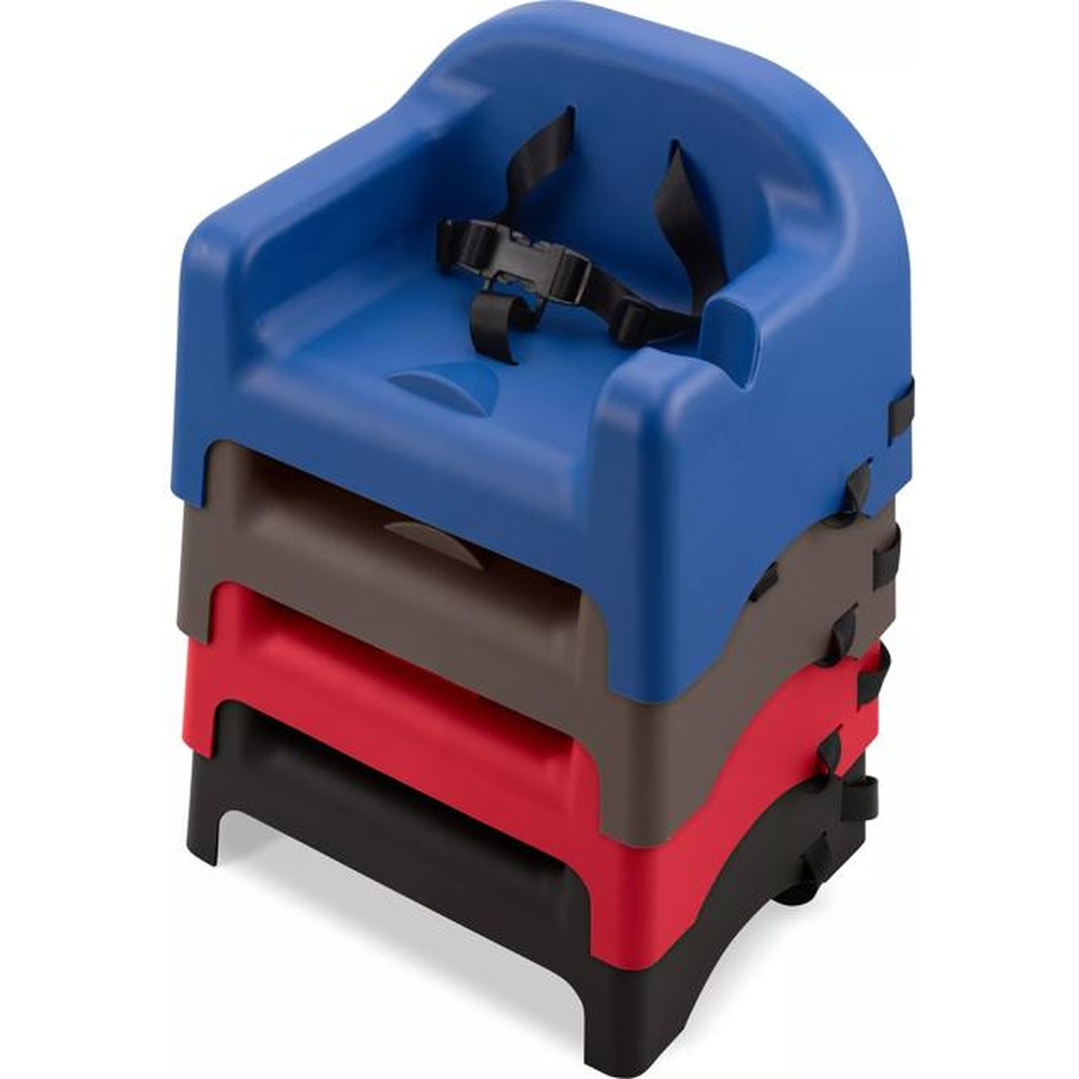Stack of four Carlisle booster seats in blue, brown, red, and black nested together