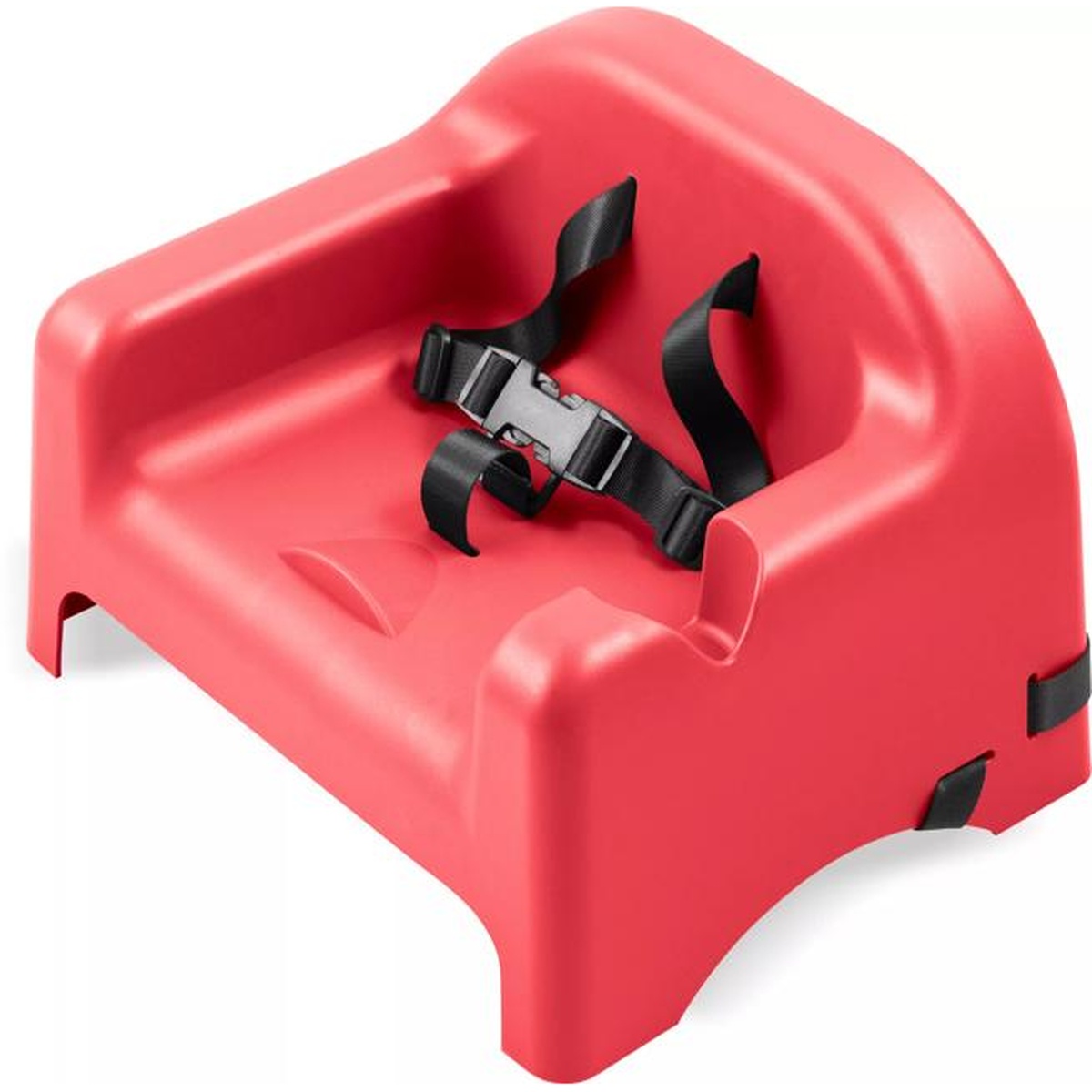 Red Carlisle stackable booster seat angled view showing ASTM certified harness straps